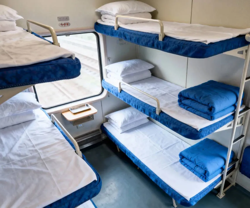 Hard sleeper 3 tier bunk beds on a conventional Chinese train