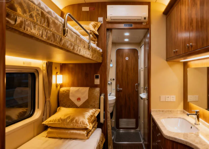 Luxury first class deluxe sleeper cabin on a China Railway train