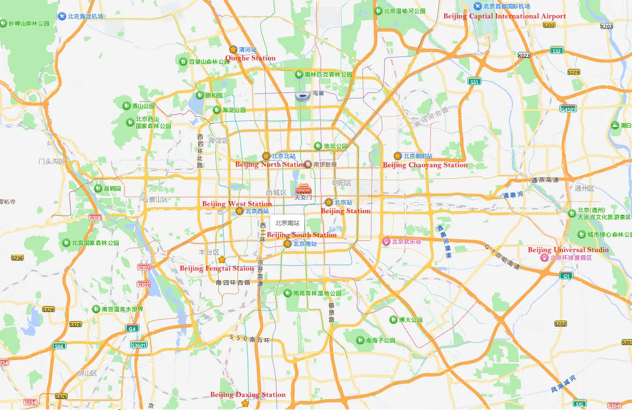 Map showing locations of Beijing South West Chaoyang railway stations