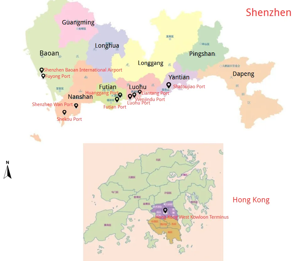Map of Shenzhen to Hong Kong border crossing ports and checkpoints
