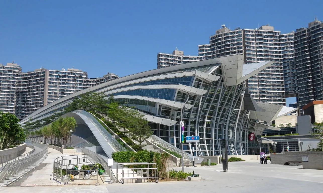 Exterior architecture of Hong Kong West Kowloon Station high speed rail hub