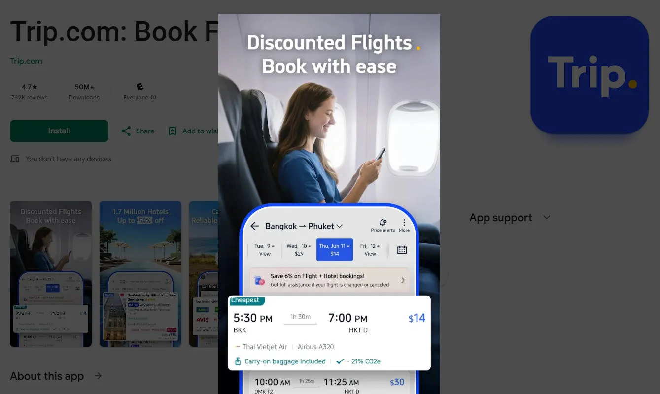 Booking domestic flights in China using the Trip.com mobile app