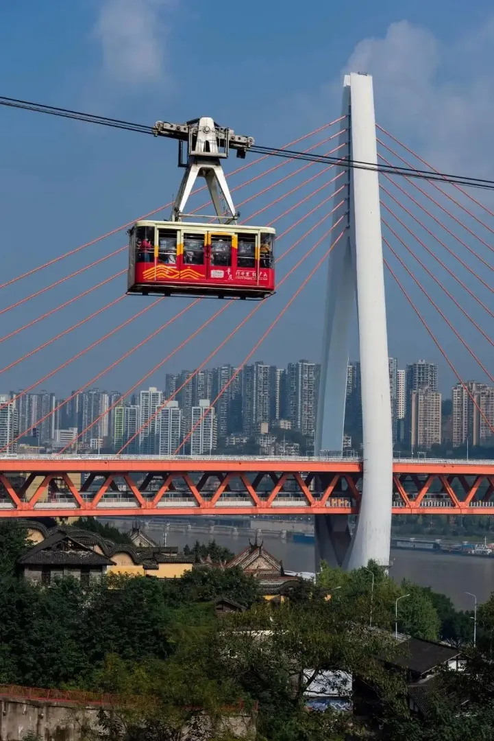 Yellow Yangtze River Cableway car crossing the river in Chongqing 8D city