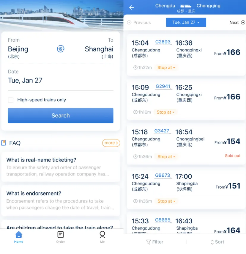 Booking Chengdu to Chongqing train tickets online using 12306 app