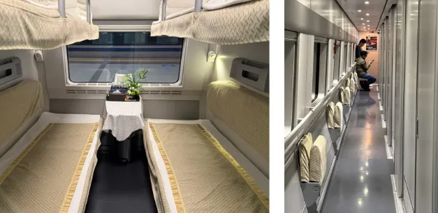 Interior corridor of a traditional overnight sleeper train in China