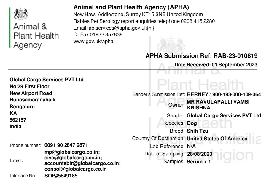 OIE approved laboratory Rabies Antibody Titer Test result for pet travel