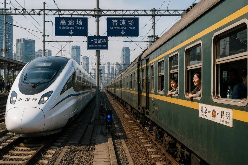 Traditional Chinese green train (Lupiche) traveling through the scenic countryside