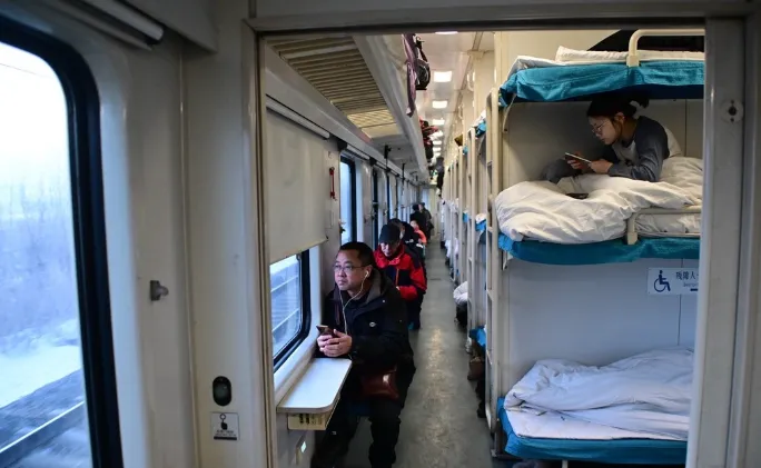 Upper, middle, and lower bunks in a Chinese hard sleeper train