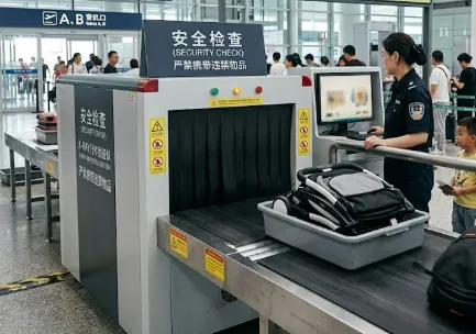 Folding a baby travel stroller for X-ray security check at China train station