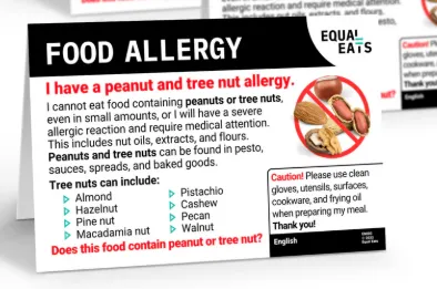 Translated Chinese food allergy card for children with peanut and dairy allergies