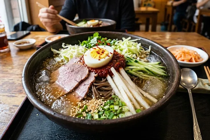 Authentic Yanji style cold noodles in sweet broth Korean Chinese cuisine