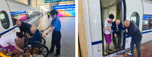 Wheelchair user boarding a China high-speed train using a portable ramp